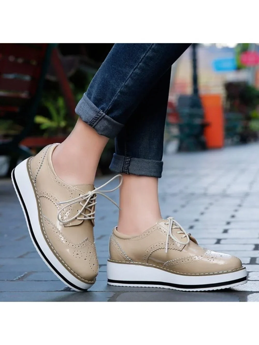 Women's Apricot Round Toe Lace Up Leather Oxford Shoes Wingtip White Platform